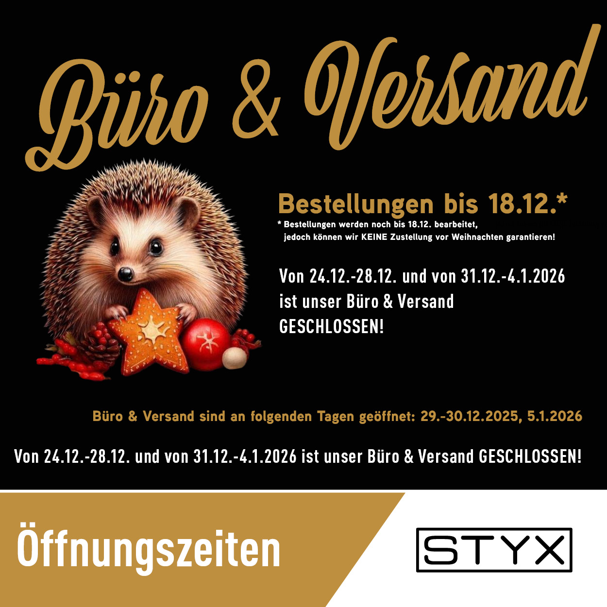 Büro-Öffnungszeiten & Versand im Dezember